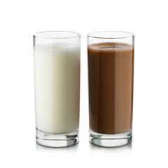 glasses full of milk and chocolate on white background.