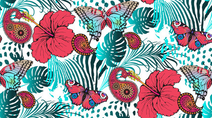 Fototapeta na wymiar Pattern of peacock feathers, leaves and butterflies. Vector illustration. Suitable for fabric, wrapping paper and the like 