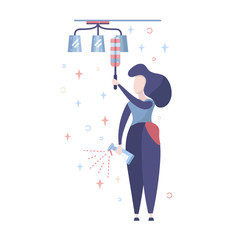 Vector flat style illustration of cleaning service woman. Isolated on white background. Wiping The Dust Of Lamp With Brush.