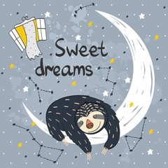 Vector illustration with funny sloth and moon. Sweet dreams.