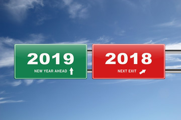 New year 2019 road sign isolated on blue sky. Illustration. © audrey