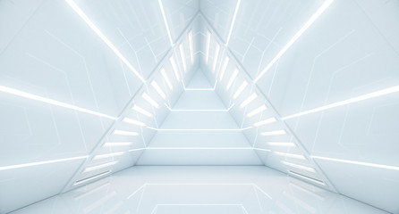 Abstract Triangle Spaceship corridor. Futuristic tunnel with light. Future interior background, business, sci-fi science concept. 3d rendering