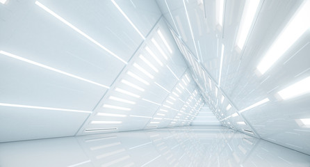 Fototapeta premium Streszczenie Trójkąt Korytarz statku kosmicznego. Futurystyczny tunel ze światłem. Przyszłe tło wnętrza, biznes, koncepcja nauki sci-fi. Renderowanie 3d
