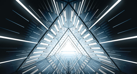 Abstract Triangle Spaceship corridor. Futuristic tunnel with light. Future interior background, business, sci-fi science concept. 3d rendering © Chanchai