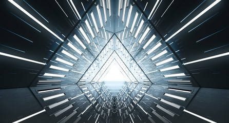 Fototapeta premium Abstract Triangle Spaceship corridor. Futuristic tunnel with light. Future interior background, business, sci-fi science concept. 3d rendering