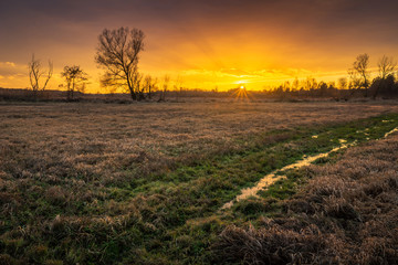 Fototapeta na wymiar Sunset over the Jeziorka river near Piaseczno, Masovia, Poland
