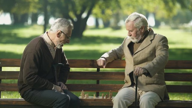 Old friends sitting on bench in park and playing chess, happy leisure time