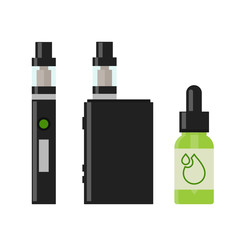 Vaping device and accessory. Electronic cigarette and bottles with vape liquid. e- liquid, e-juice. Isolated vector illustration on white background.