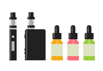 Vaping device and accessory. Electronic cigarette and bottles with vape liquid. e- liquid, e-juice. Mockup of Vape bottle with liquid. Isolated vector illustration on white background.