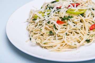 Pasta with vegetables, Whole wheat fusilli pasta with grilled vegetables. Top view with copy space.