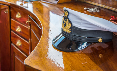 Hat naval officer of Nave Italia. Nave Italia is the biggest sailing brig in the world. Port of...