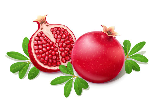 Ripe juicy pomegranate. Cuted Fruit with green leaves.