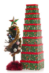 Christmas tree with globes and stack of presents