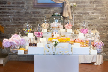 Display of sweets on a buffet table at a wedding