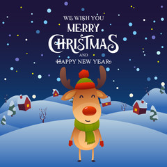 Cute cartoon reindeer character Merry Christmas and Happy New Year background
