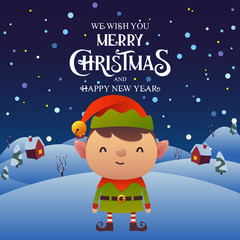 Cute cartoon Elf character Merry Christmas and Happy New Year background