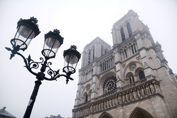 Fototapeta na wymiar Famous Notre Dame in Paris, France. View with the outdoor lantern