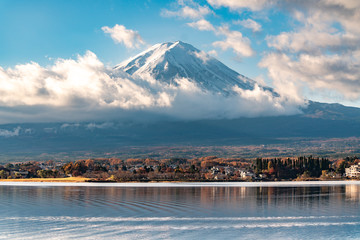 close up mount fuji from lake kawaguchi side, Mt Fuji view from the lake