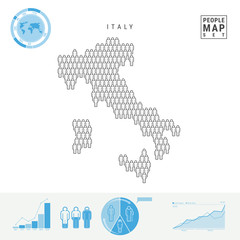 Italy People Icon Map. People Crowd in the Shape of a Map of Italy. Stylized Silhouette of Italy. Population Growth and Aging Infographic Elements. Vector Illustration Isolated on White.