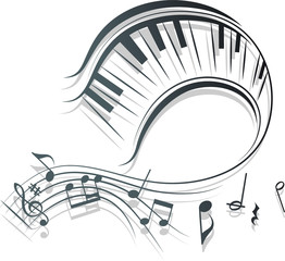 Beautiful swirl stave with piano keys in vector format. Wavy musical scores and notes vector illustration. © Adrian