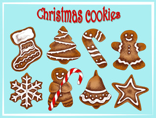 Vector illustration of sketch hand drawn set Christmas colorful cookies with candy. Gingerbread man, snowflake, sock, Christmas tree, star, snowman. Vintage design of traditional holiday food.