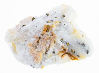 native gold in raw quartz stone on white