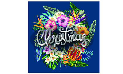 Christmas decorations in tropical style of palm leaves and tropical flowers decorations for the new year