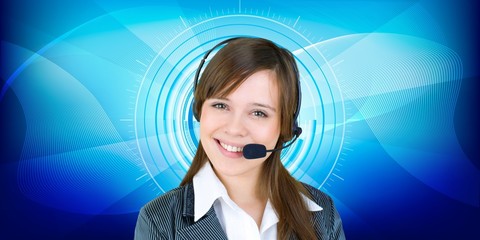 Young woman  with headphones, call center or support concept