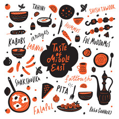 Taste of middle east. Funny hand drawn illustration with different middle eastern food and hand written names of the dishes.
