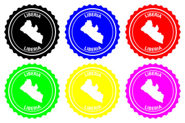 Liberia - rubber stamp - vector, Republic of Liberia map pattern - sticker - black, blue, green, yellow, purple and red