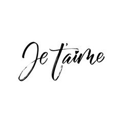 Je t'aime - I love you in french- modern brush calligraphy. Isolated on white background.