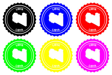 Libya - rubber stamp - vector, State of Libya map pattern - sticker - black, red, blue, green, yellow, purple