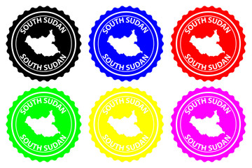 South Sudan - rubber stamp - vector, Republic of South Sudan map pattern - sticker - black, blue, green, yellow, purple and red