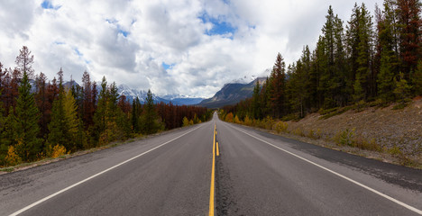 Beautiful view of a scenic road in the Canadian Rockies during Fall Season. Taken in Icefields Pkwy, Jasper, Alberta, Canada.