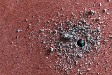 top view, close up, hole in a wooden fibreboard panels, surface, kitchen furniture, fibreboard panels, wood pulp, concept of selection of materials and tools for work, space for text