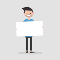Young cartoon male character holding a sheet of white paper. Copy space. Flat vector illustration
