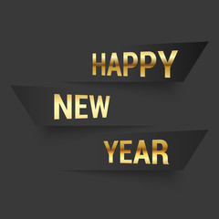 Happy New Year greeting card with gold text on black. Vector.