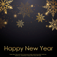 Happy New Year greeting card with gold sparkled snow 2019. Vector