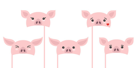 Set of different piece photo booth props with cartoon pigs.