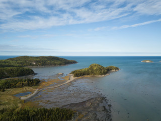 Fototapeta na wymiar Aerial panoramic landscape view of Bic National Park during a vibrant sunny day. Taken in Le Bic, Rimouski, Quebec, Canada.