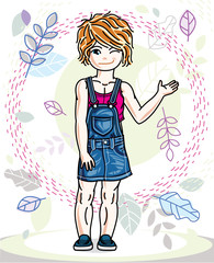 Cute little redhead girl in fashionable casual clothes standing on natural spring backdrop with tree leaves. Vector human illustration.