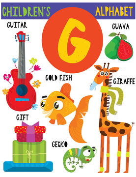 Letter G.Cute children's alphabet with adorable animals and other things.Poster for kids learning English vocabulary.Cartoon vector illustration.