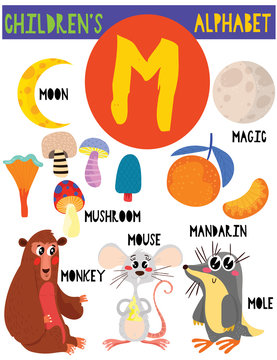 Letter M.Cute children's alphabet with adorable animals and other things.Poster for kids learning English vocabulary.Cartoon vector illustration.