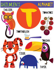 Letter T.Cute children's alphabet with adorable animals and other things.Poster for kids learning English vocabulary.Cartoon vector illustration. © ovocheva
