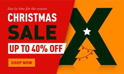 Christmas Sale Banner Template. Minimal Christmas tree with balls vector illustration. Winter Holiday discount