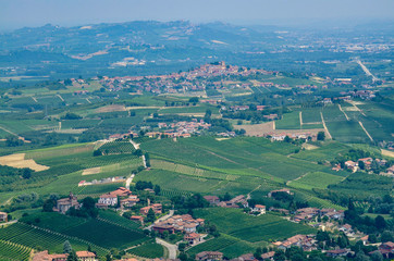Fototapeta na wymiar La Morra, province of Cuneo, Piedmont, Italy. July 15, 2018. In the Langhe territory, La Morra is a village on top of a hill that gives an enchanting lookout over the typical vineyards of the area.