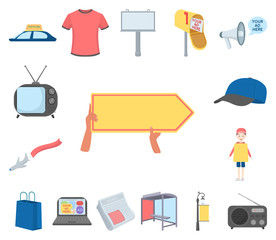 Production of advertising cartoon icons in set collection for design. Advertising equipment vector symbol stock web illustration.