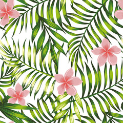 Exotic wallpaper of tropical leaves and flowers seamless pattern