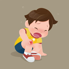The boy in yellow shirt suffering from pain in knee, illustration of child have accident slipping on the floor, Sad kid having bruises on his knee