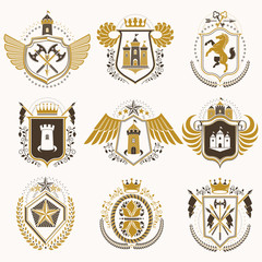 Vector vintage heraldic Coat of Arms designed in award style. Medieval towers, armory, royal crowns, stars and other graphic design elements collection.